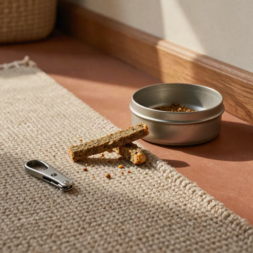 Pet hemp chews tin, bowl, leash clip, and crumbs in a sunlit feeding corner