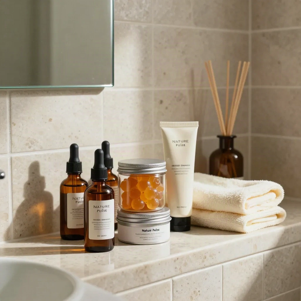 Bathroom shelf with CBD oils, gummies, creams, pet chews, towel and reed diffuser in warm steam.