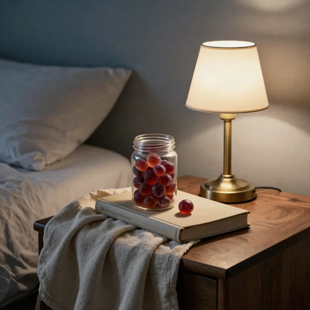 Berry gummies jar beside a lamp, book, and linen throw on a bedside table at dusk.