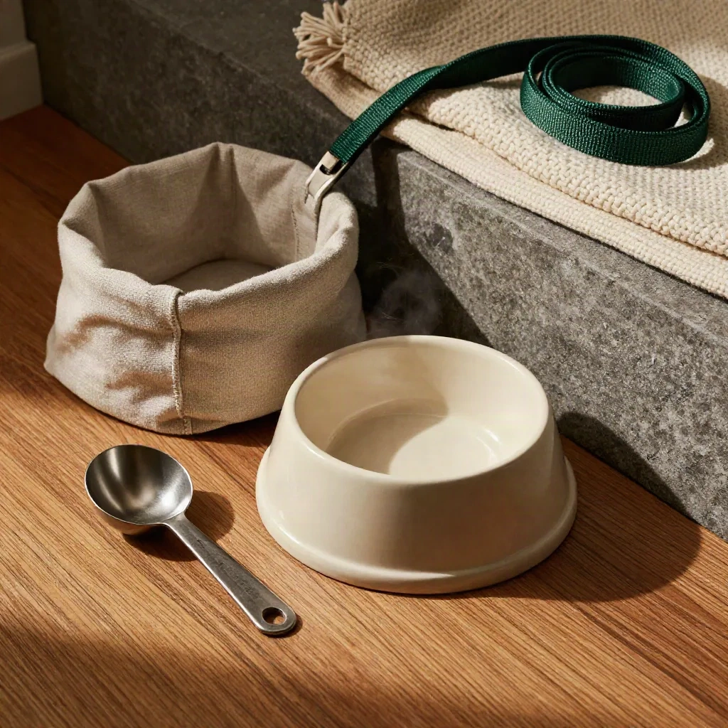 Pet bowl, chew container, scoop, leash and knit blanket in a dramatic mudroom feeding corner.
