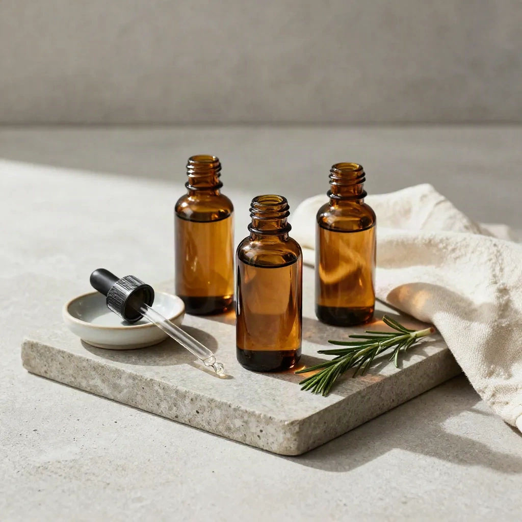 Overhead tray still life of amber CBD tincture bottles, dropper, rosemary, and ceramic dish