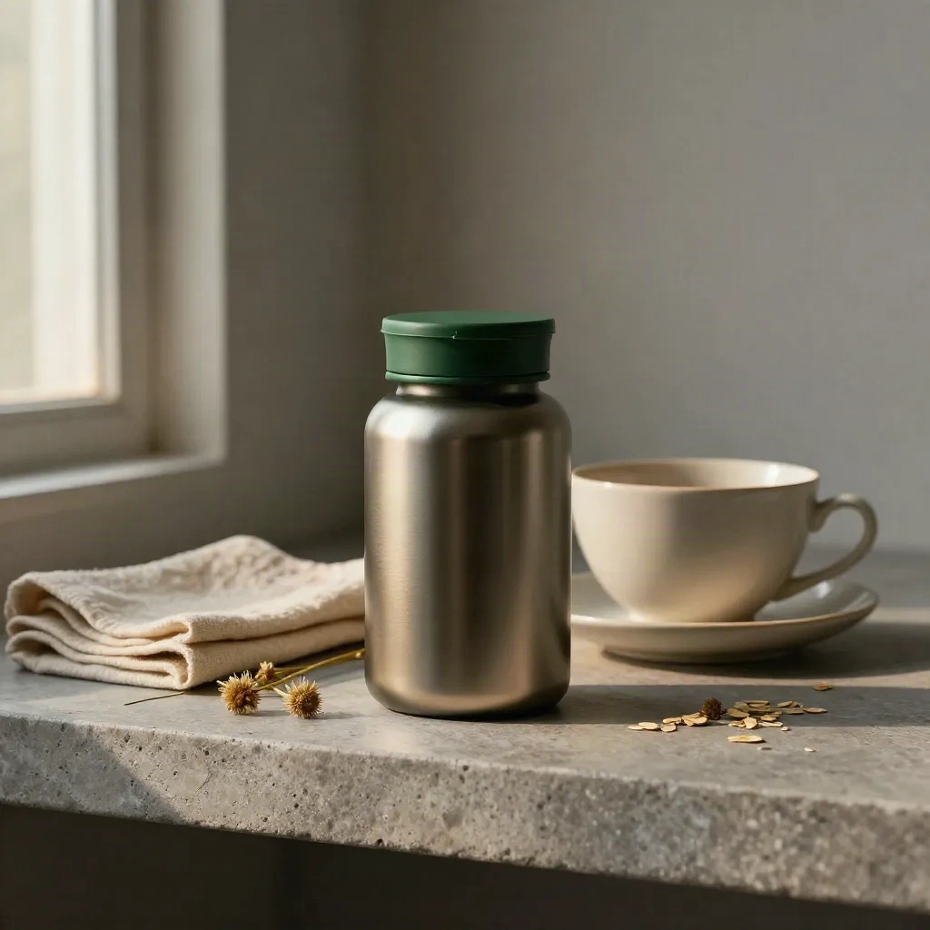 Sleep CBD bottle, tin, tea cup, chamomile and cloth on a stone shelf in soft evening light.