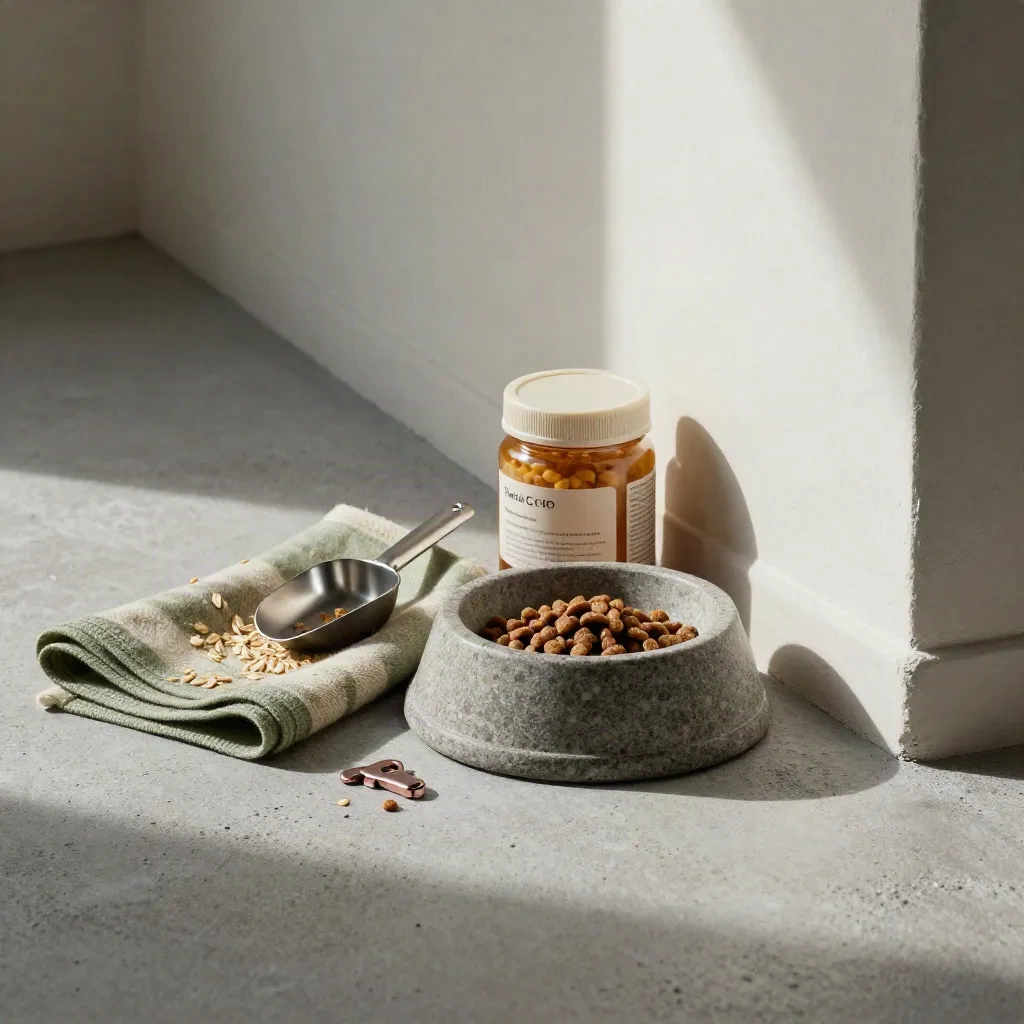 Pet CBD chew jar beside a dog bowl, blanket, leash clip, and kibble scoop in a calm feeding corner.